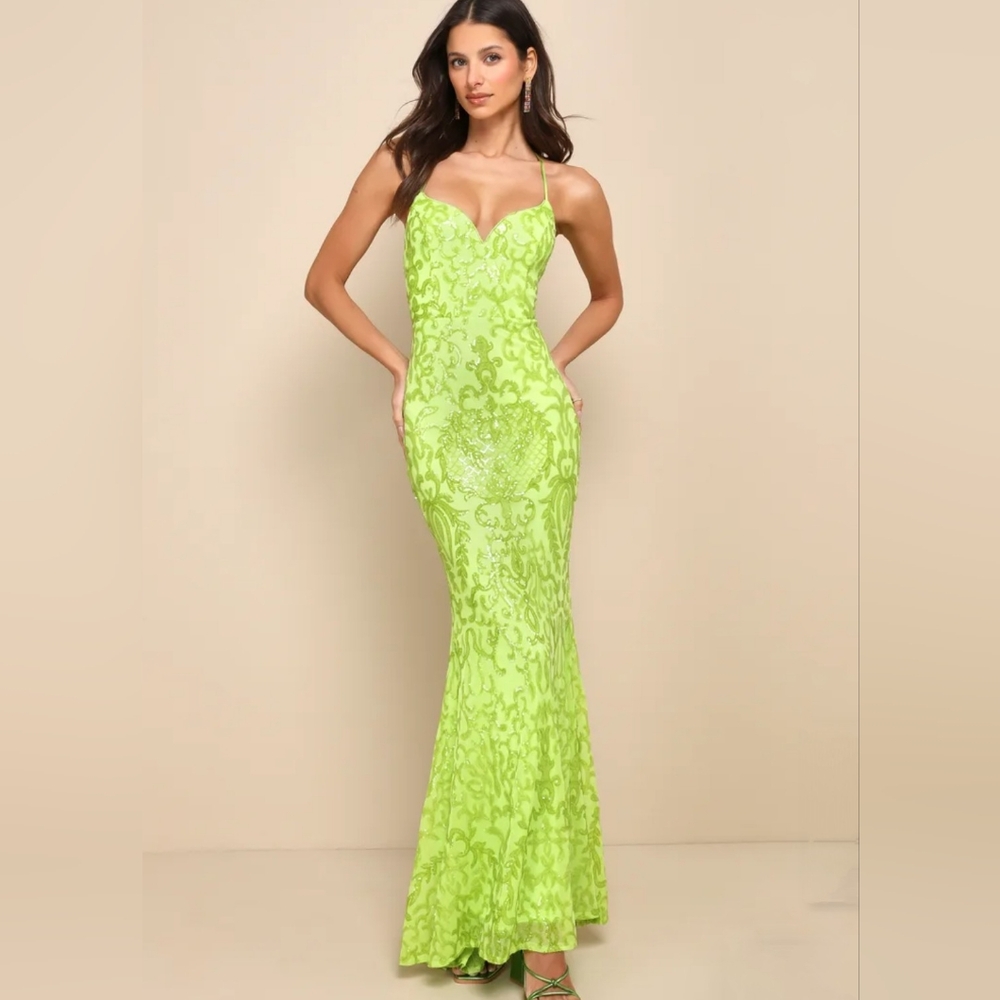 Lulu's Lime Green Sequin Gown